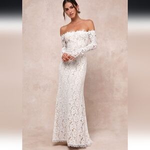 Lulu's White Lace Off-Shoulder Wedding Dress